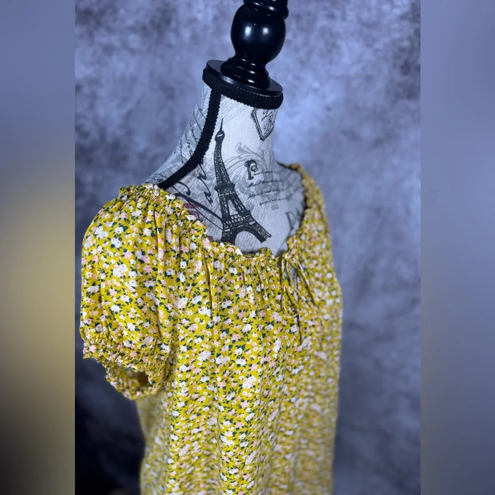 Old Navy Yellow Floral Cottagecore Peasant Blouse Tie Neck Rayon Top L